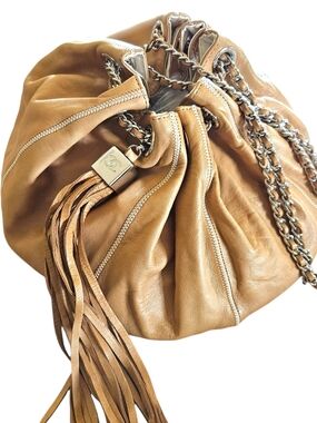 Chanel Reversible Sac Cordon Tan Lambskin Leather Fringe Chain Shoulder Bag